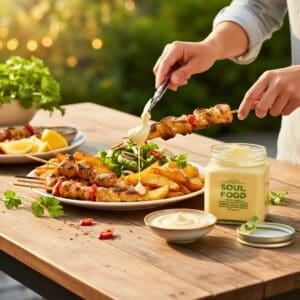 lemon chilli aioli skewers on a picnic bench